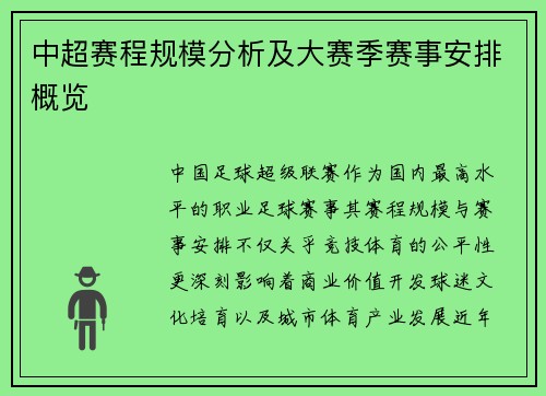 中超赛程规模分析及大赛季赛事安排概览