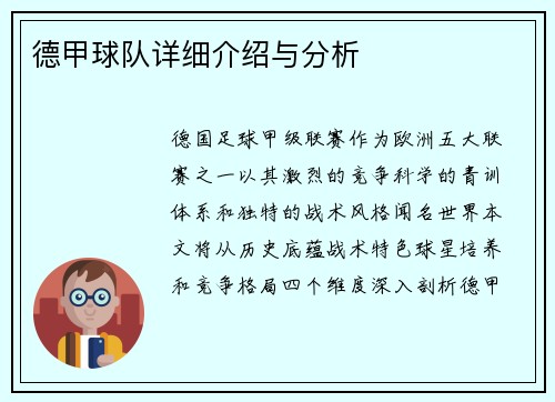 德甲球队详细介绍与分析